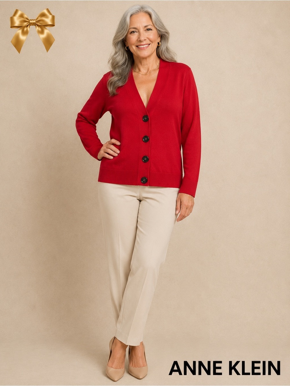Anne Klein Red Silk Blend Button Front Cardigan Sweater Size PL